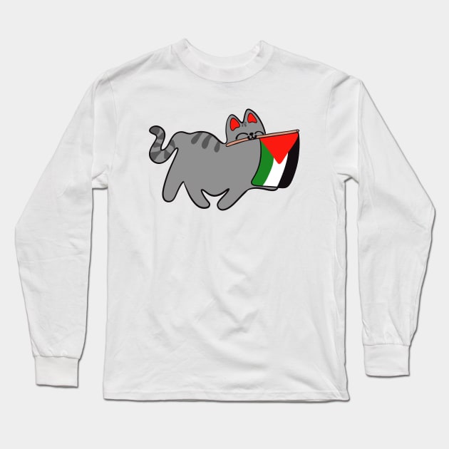 Free Palestine Cute Cat holding Palestinian Flag Long Sleeve T-Shirt by BluVelvet